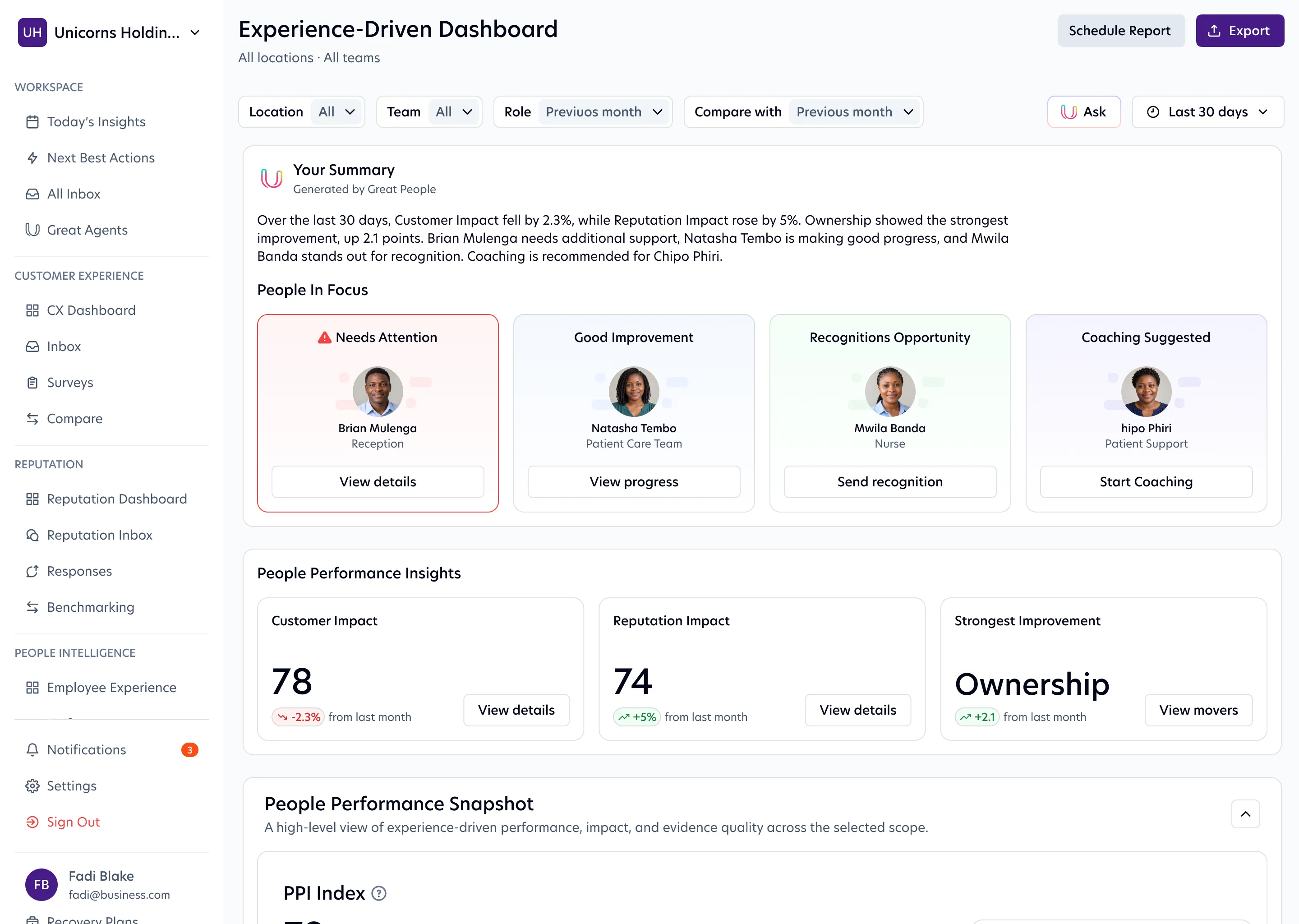 People Intelligence dashboard showing who needs attention, recognition or coaching