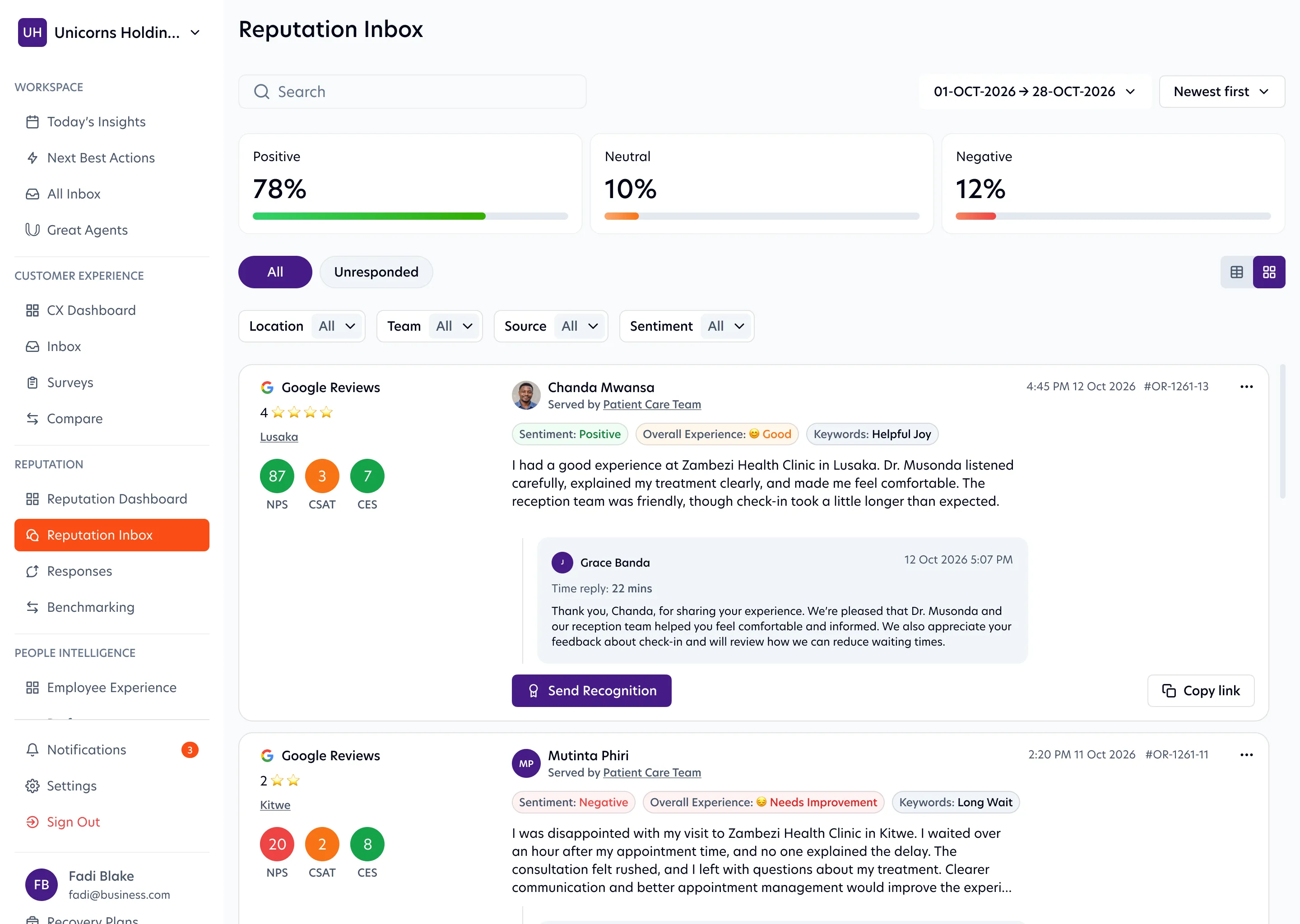 Reputation Inbox with Google reviews from Lusaka and Kitwe, their sentiment and the reply sent