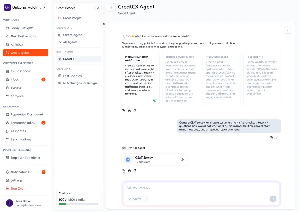 GreatAgents: creating a GreatCX Agent from a plain-words prompt